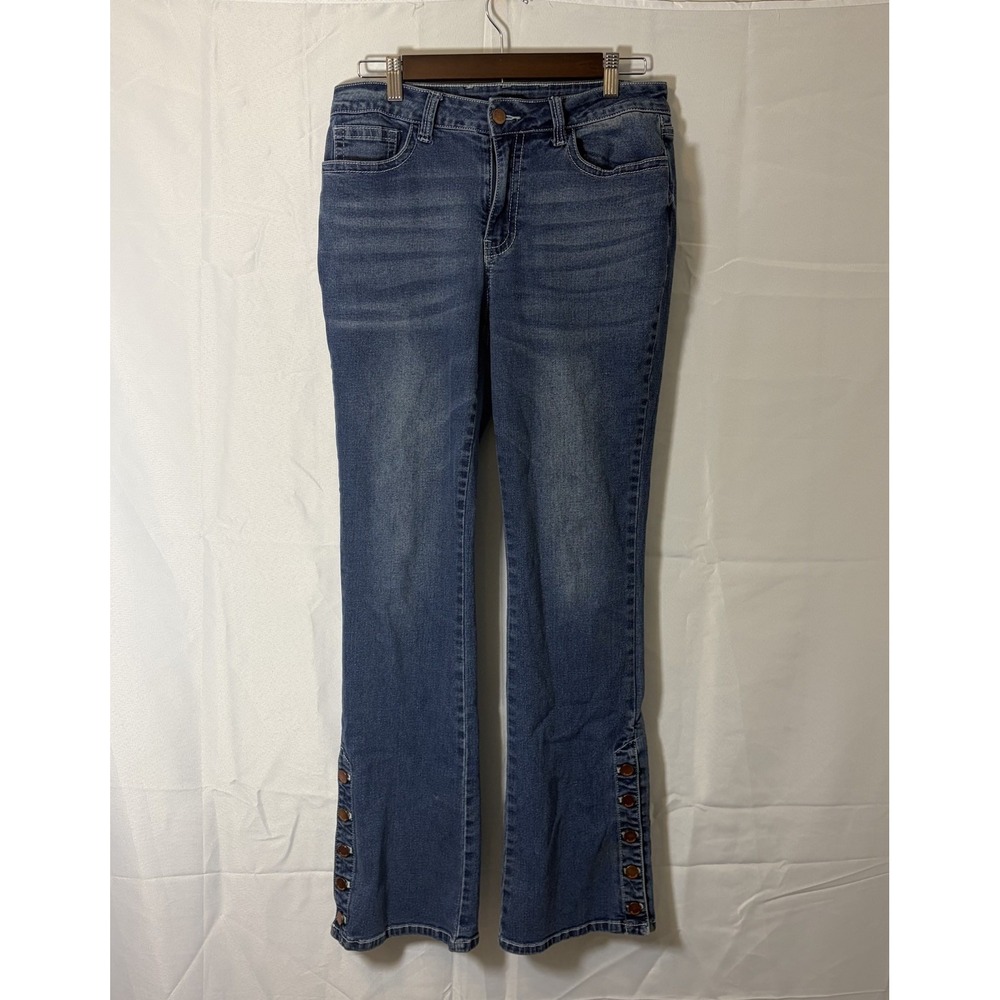 Flamingals Flared Jeans Womens Sz L (32x32) Mid Rise Side Seam Detail Stretch